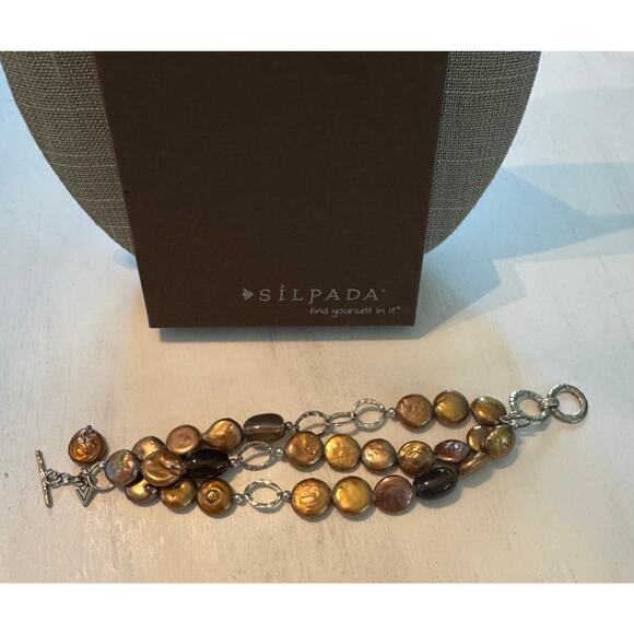 Retired Silpada Bronze Pearl Smokey Quartz 3 strand Sterling Silver Bracelet - Picture 3 of 7